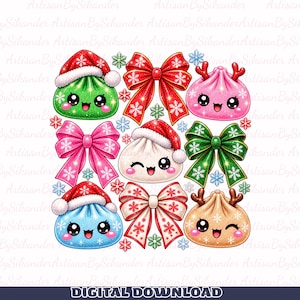Könnte beinhalten: Eine digitale Illustration mit einem Raster aus sechs Knödeln im Kawaii-Stil und drei dekorativen Schleifen. Die Knödel sind grün, rosa, weiß, blau und hellbraun, einige tragen Weihnachtsmannmützen oder Rentiergeweihe. Die Schleifen sind rot, rosa und grün.