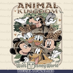 Puede incluir: Descarga digital con personajes de Disney con atuendos de safari. La imagen incluye a Mickey, Minnie, Donald, Daisy, Goofy y Pluto, con el texto "ANIMAL KINGDOM" y "Walt Disney World".