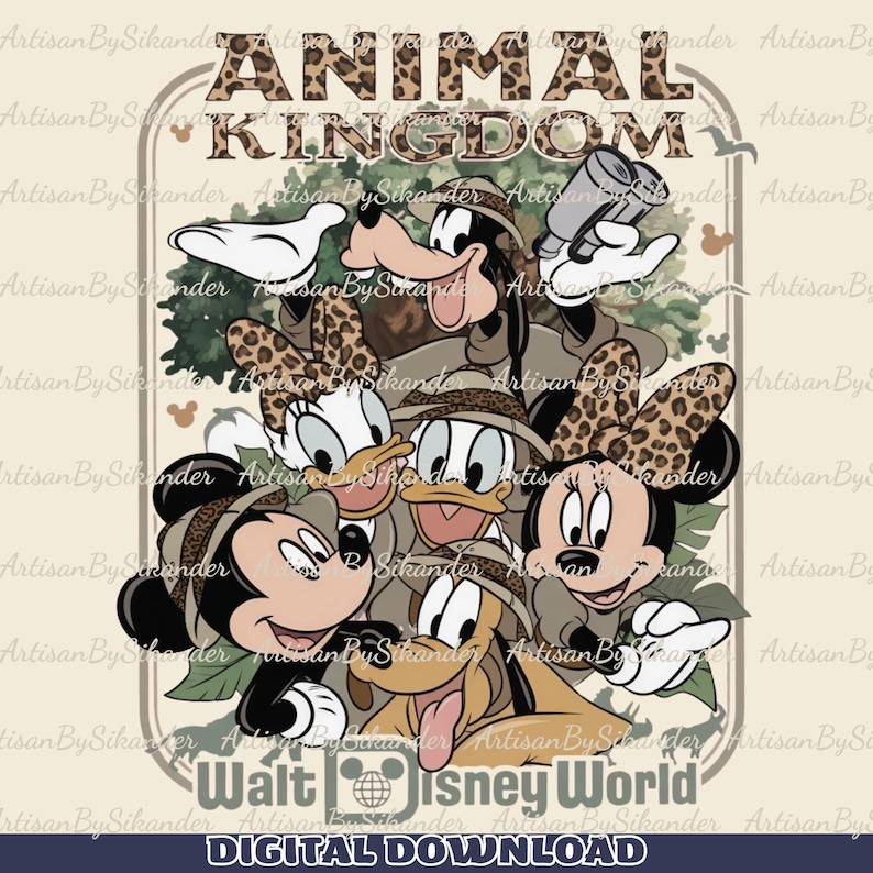 Puede incluir: Descarga digital con personajes de Disney con atuendos de safari. La imagen incluye a Mickey, Minnie, Donald, Daisy, Goofy y Pluto, con el texto "ANIMAL KINGDOM" y "Walt Disney World".