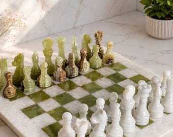 Handcrafted Green Onyx Marble Chess Set | 15x15 Natural Stone Board, Artisan Decor | Handmade home decor | gift for her | games | Olympic