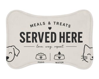 Tappetino per la pappa degli animali domestici Served Here | Tovaglietta a forma di osso per pasti e snack