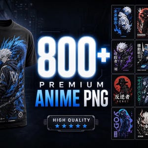 May include: Black t-shirt with a blue anime graphic and Japanese text. The image also features a collection of anime PNGs and the text "800+ PREMIUM ANIME PNG" in blue, with a "High Quality" badge.