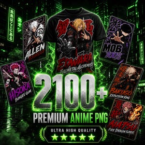 Może przedstawiać: Czarny t-shirt z Edwardem Elriciem z Fullmetal Alchemist, otoczony pięcioma prostokątnymi kartami przedstawiającymi postacie z anime: Allen, Mob, Hisoka, Bakugo i Natsu. Widoczny jest tekst 2100+ PREMIUM ANIME PNG ULTRA HIGH QUALITY.