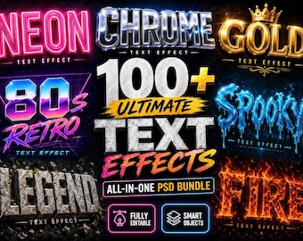 100+ Professional Photoshop Text Effects Bundle |All-In-One Mixed Styles: Chrome, 3D, Gold, Neon Retro |Premium PSD Layer Styles |Commercial