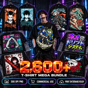 May include: A collection of black t-shirts featuring various graphic prints including anime-style characters, skulls, roses, and Japanese text. The designs include themes of hellfire, frozen tears, neon tides, and cyber drift systems on short-sleeved shirts.