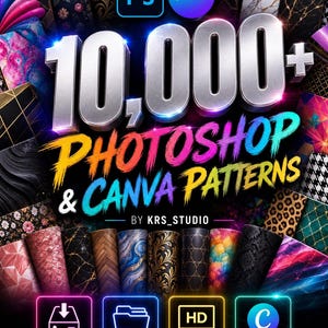 Op de afbeelding: Een promotionele afbeelding voor Photoshop- en Canva-patronen. De afbeelding toont de tekst "10.000+ Photoshop & Canva PATRONEN" met pictogrammen die de grootte, organisatie en compatibiliteit aangeven. Verschillende patroonontwerpen worden op de achtergrond weergegeven.