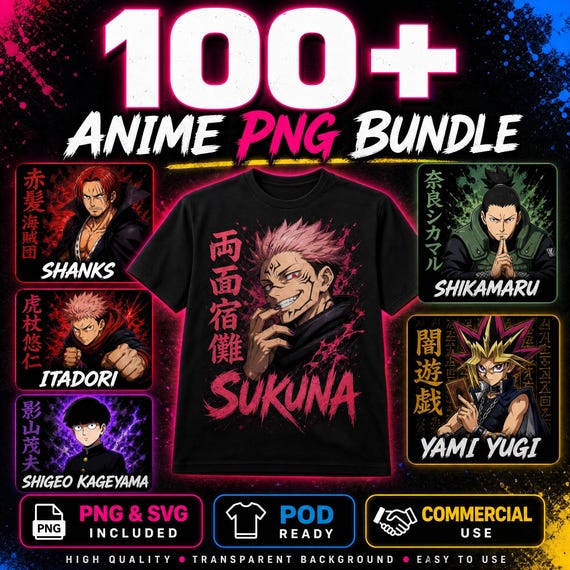 100 Mega Anime Designs Bundle, Cyberpunk Streetwear PNG Pack|Otaku Graphic Tee Designs| Japanese Manga Clipart for DTG Printing| Sublimation