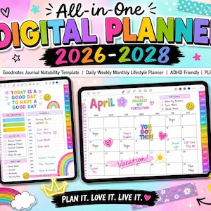 May include: A digital planner for 2026-2028, featuring a colorful design with the text "All-in-One DIGITAL PLANNER". The planner includes daily, weekly, and monthly layouts, with options for Goodnotes and Notability. It is ADHD-friendly and includes PLR.