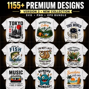 Meer dan 1155 ultieme T-shirtontwerpen in een megabundel | Vector SVG EPS PNG | Print-on-demand voor commercieel gebruik | Streetwear, vintage, camping