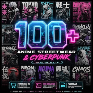 May include: A design pack featuring anime streetwear and cyberpunk designs. The image showcases multiple illustrations with Japanese text, neon colors, and the text "100+". Includes icons for commercial use, high resolution, and PNG format.