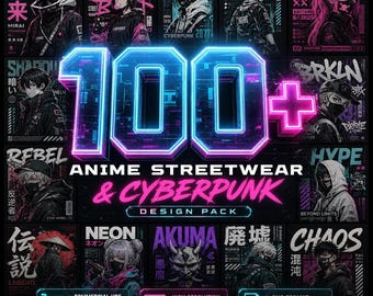 Bundel met 100 mega anime-ontwerpen, cyberpunk streetwear PNG-pakket | Otaku grafische T-shirtontwerpen | Japanse manga clipart voor DTG-printen | Sublimatie