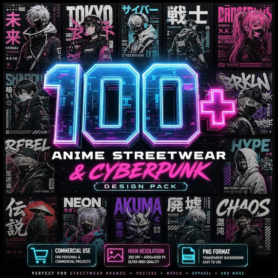 100 Mega Anime Designs Bundle, Cyberpunk Streetwear PNG Pack|Otaku Graphic Tee Designs| Japanese Manga Clipart for DTG Printing| Sublimation