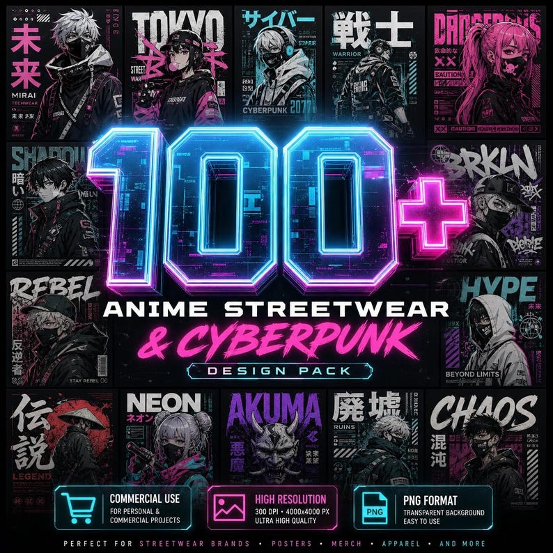 K&ouml;nnte beinhalten: Ein Design-Paket mit Anime-Streetwear- und Cyberpunk-Designs. Das Bild zeigt mehrere Illustrationen mit japanischem Text, Neonfarben und dem Text "100+". Enth&auml;lt Symbole f&uuml;r kommerzielle Nutzung, hohe Aufl&ouml;sung und PNG-Format.