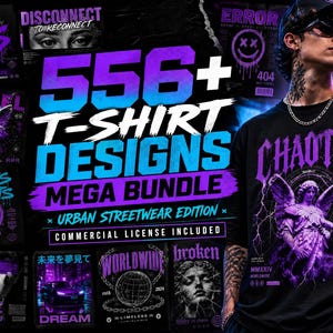 May include: A digital graphic bundle featuring 556+ t-shirt designs in an urban streetwear style. The collection displays various purple and blue graphic prints including an angel, a car, and text like CHAOS, DISCONNECT, and NO RULES NO LIMITS.