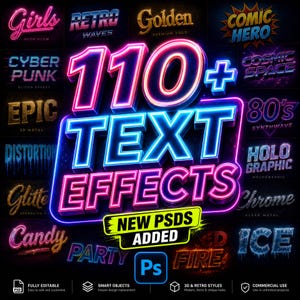 May include: A digital graphic display featuring the text 110+ TEXT EFFECTS in large, glowing neon pink and blue 3D lettering. Below, a yellow banner reads NEW PSDS ADDED. The background showcases various text styles like Girls, Retro, and Ice.
