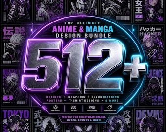 Mega bundel met meer dan 512 anime streetwear PNG-afbeeldingen, cyberpunk anime T-shirtontwerpen, otaku manga clipart, hypebeast esthetische grafische pack, commercieel gebruik.
