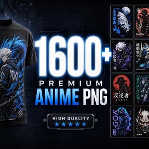 Puede incluir: Una camiseta negra con un gráfico de un personaje de anime de pelo blanco sosteniendo una espada rodeado de llamas azules, con texto en japonés. Al lado, una cuadrícula muestra más de 1600 archivos PNG de anime con varias ilustraciones.