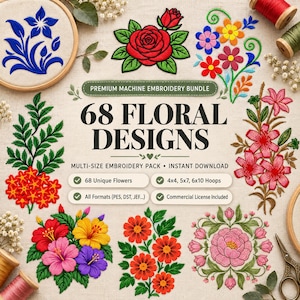 Könnte beinhalten: Eine digitale Sammlung von 68 floralen Maschinenstickmustern mit verschiedenen bunten Blumenmotiven, darunter Rosen, Hibiskus und Gänseblümchen, mit dem Text 68 FLORAL DESIGNS, multi-size embroidery pack und instant download.