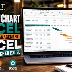 Może przedstawiać: Laptop wyświetla wykres Gantta w programie Excel, z tekstem "GANTT CHART EXCEL" i "PROJECT MANAGEMENT EXCEL" na pierwszym planie. Ekran pokazuje oś czasu projektu. Obraz zawiera również tekst "TASK TRACKER EXCEL".