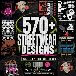 Puede incluir: Una colección digital de más de 570 diseños de ropa urbana con varios elementos gráficos que incluyen calaveras, caras sonrientes, estatuas clásicas y texto como 90's Club, Acculturated y The World Around You, en un diseño oscuro.