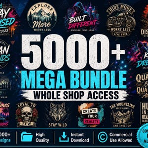 5000+ Mega T-Shirt Designs bündeln Ganze Shop SVG PNG Vektor Clipart Pack Streetwear Ästhetik Christian Zitate Camping Retro Sublimation