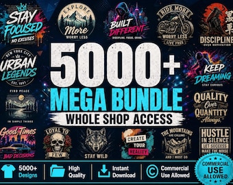 5000+ mega T-shirtontwerpen Bundel Hele Shop SVG PNG Vector Clipart Pack Streetwear Esthetisch Christelijk Citaten Camping Retro Sublimatie