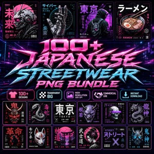 May include: A digital collection of over 100 Japanese streetwear graphic designs featuring cyberpunk, oni masks, ramen, dragons, and kitsune motifs. The bundle includes high-resolution transparent PNG files with neon pink and blue color palettes.