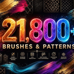 Peut inclure: Visuel numérique avec le texte "21 800+ BRUSHES & PATTERNS" en or et couleurs arc-en-ciel. L'image comprend des icônes pour des pinceaux de haute qualité, des motifs sans couture, une haute résolution et des outils personnalisables. Des coups de pinceau colorés et des motifs géométriques en arrière-plan.