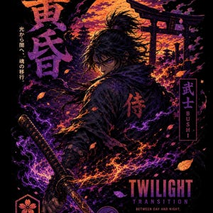 K&ouml;nnte beinhalten: Digitalillustration eines Samurai-Kriegers in einem schwarzen Gewand, der ein Katana h&auml;lt. Das Kunstwerk zeigt eine lebendige Farbpalette aus Lila, Orange und Schwarz, mit japanischem Text und dem Wort "TWILIGHT". Der Hintergrund zeigt ein Torii-Tor und einen Vollmond.