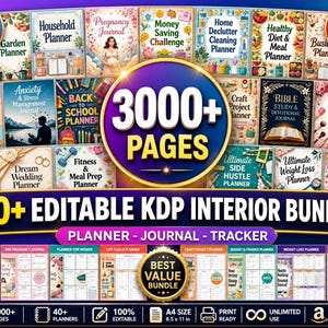 May include: A collection of printable planners and journals, including a garden planner, pregnancy journal, and student planner. The bundle includes over 3000 pages and is editable. The text on the image says "40+ Editable KDP Interior Bundle".