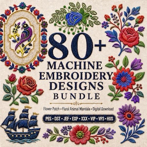 Puede incluir: Una colección digital de 80+ diseños de bordado a máquina con patrones florales coloridos, un pájaro en un marco ornamentado y un velero. El texto dice 80+ MACHINE EMBROIDERY DESIGNS BUNDLE, Flower Patch, Floral Animal Mandala, Digital Download.
