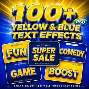 May include: A digital graphic featuring the text 100+ YELLOW & BLUE TEXT EFFECTS PSD. Below, five rectangular cards display the words FUN, SUPER SALE, COMEDY, GAME, and BOOST in a 3D yellow and blue style. The background is a vibrant blue and yellow.