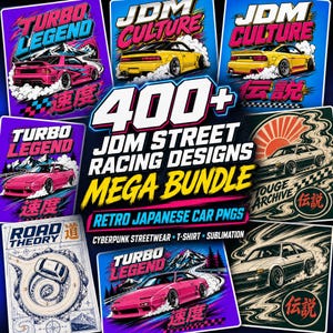 May include: A digital collection of 400+ JDM street racing designs featuring retro Japanese car graphics, including illustrations of yellow and pink sports cars, mountain landscapes, checkered patterns, and text like Turbo Legend and JDM Culture.