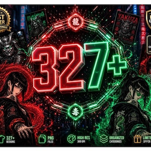 May include: A digital art bundle with a neon design. The central focus is the number "327+" in red and green neon. The image includes illustrations of samurai, dragons, and women, with Japanese text and icons.