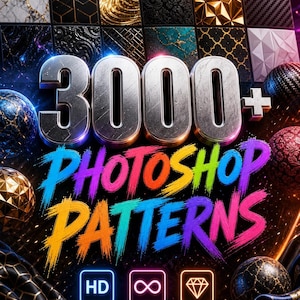 Könnte beinhalten: Digitales Grafikdesign mit dem Text "3000+ Photoshop Patterns" in leuchtenden Farben. Das Bild zeigt ein Raster aus strukturierten Mustern, mit Symbolen für hochauflösendes, nahtloses Design und professionelle Qualität.