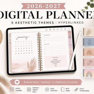 May include: A digital planner on a tablet, featuring a January calendar page and a to-do list. The planner offers five aesthetic themes: Beige, Blue, Boho, Pink Rose, and Rainbow. Text on the image reads "2026-2027 DIGITAL PLANNER".