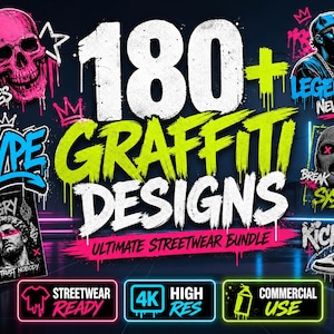 Puede incluir: Un paquete gráfico digital con el texto 180+ GRAFFITI DESIGNS ULTIMATE STREETWEAR BUNDLE. La imagen incluye una calavera rosa, una persona con gorra, una figura enmascarada, una estatua clásica y una zapatilla, todo diseñado con colores neón.