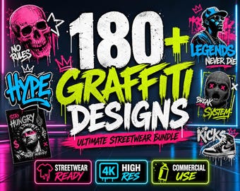 Op de afbeelding: Een digitaal grafisch pakket met de tekst 180+ GRAFFITI DESIGNS ULTIMATE STREETWEAR BUNDLE. De afbeelding bevat een roze schedel, een persoon met een pet, een gemaskerd figuur, een klassiek standbeeld en een sneaker, allemaal in neonkleuren.