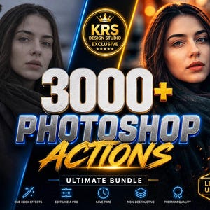 May include: A digital promotional graphic for 3000+ Photoshop Actions Ultimate Bundle by KRS Design Studio. The image displays a before and after comparison of a portrait, featuring bold text, blue and gold accents, and icons for features.