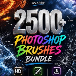 May include: A digital art graphic promoting a Photoshop brushes bundle. The image features the text "2500+ Photoshop Brushes Bundle" in vibrant colors, with additional text indicating HD, versatile FX, and easy install. The background includes visual elements like fire, water, and clouds.