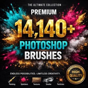 Könnte beinhalten: Eine digitale Grafik mit dem Text THE ULTIMATE COLLECTION, PREMIUM 14.140+ PHOTOSHOP BRUSHES und ENDLESS POSSIBILITIES. LIMITLESS CREATIVITY. Der Hintergrund zeigt leuchtende Cyan-, Magenta- und Gold-Pulverexplosionen auf Schwarz.