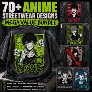 May include: A collection of black t-shirts featuring various anime-style graphic designs with characters, skulls, and Japanese text. The central design displays a character with green vines, skulls, and the word PARASITE in a bold font.