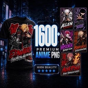 Puede incluir: Una camiseta negra con un gráfico de Edward Elric de Fullmetal Alchemist, junto a cinco paneles rectangulares que muestran personajes de anime como Allen Walker, Mob, Hisoka, Bakugo y Natsu, con el texto 1600+ PREMIUM ANIME PNG.