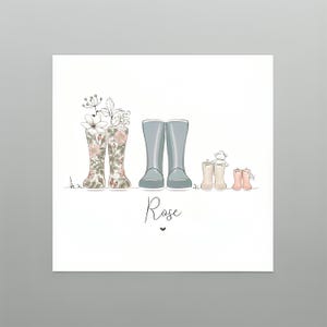 Puede incluir: Ilustración de botas de agua familiares. Dos botas con estampado floral están llenas de flores. Dos botas grises están al lado, seguidas de dos pares de botas más pequeñas en beige y rosa. El nombre "Rose" está escrito debajo.