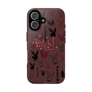 May include: A phone case with a brown background featuring a pattern of black bunny silhouettes and the word "PLAYBOY" in black. The word "Bitch" is written in a neon pink font.