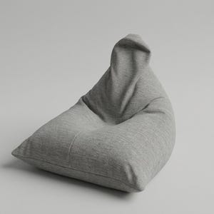 May include: A light gray bean bag chair featuring a soft, textured fabric cover. The chair has a triangular, upright structure with a pointed top section and a wide, flat base, creating a flexible, unstructured form for seating.