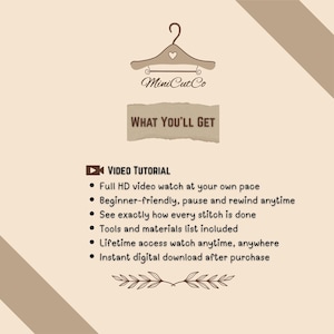 May include: A beige informational graphic featuring a brown hanger icon with the text MiniCutCo. It lists features including a video tutorial, full HD watch at your own pace, beginner-friendly access, tools and materials list, and instant digital download.