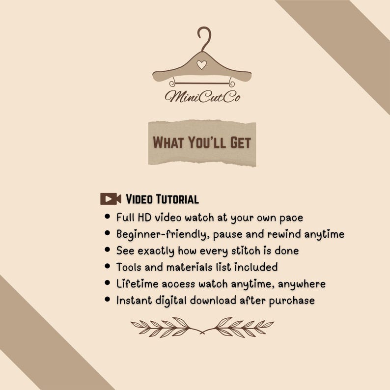 May include: A beige informational graphic featuring a brown hanger icon with the text MiniCutCo. It lists features including a video tutorial, full HD watch at your own pace, beginner-friendly access, tools and materials list, and instant digital download.