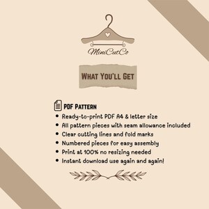 May include: A digital information graphic for MiniCutCo featuring a hanger icon and the text WHAT YOU'LL GET. It lists features for a PDF pattern including ready-to-print A4 and letter sizes, seam allowances, cutting lines, numbered pieces, and instant download.
