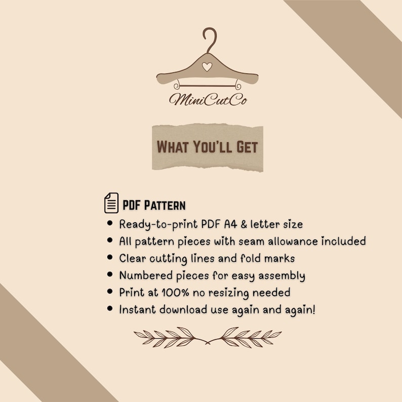 May include: A digital information graphic for MiniCutCo featuring a hanger icon and the text WHAT YOU'LL GET. It lists features for a PDF pattern including ready-to-print A4 and letter sizes, seam allowances, cutting lines, numbered pieces, and instant download.